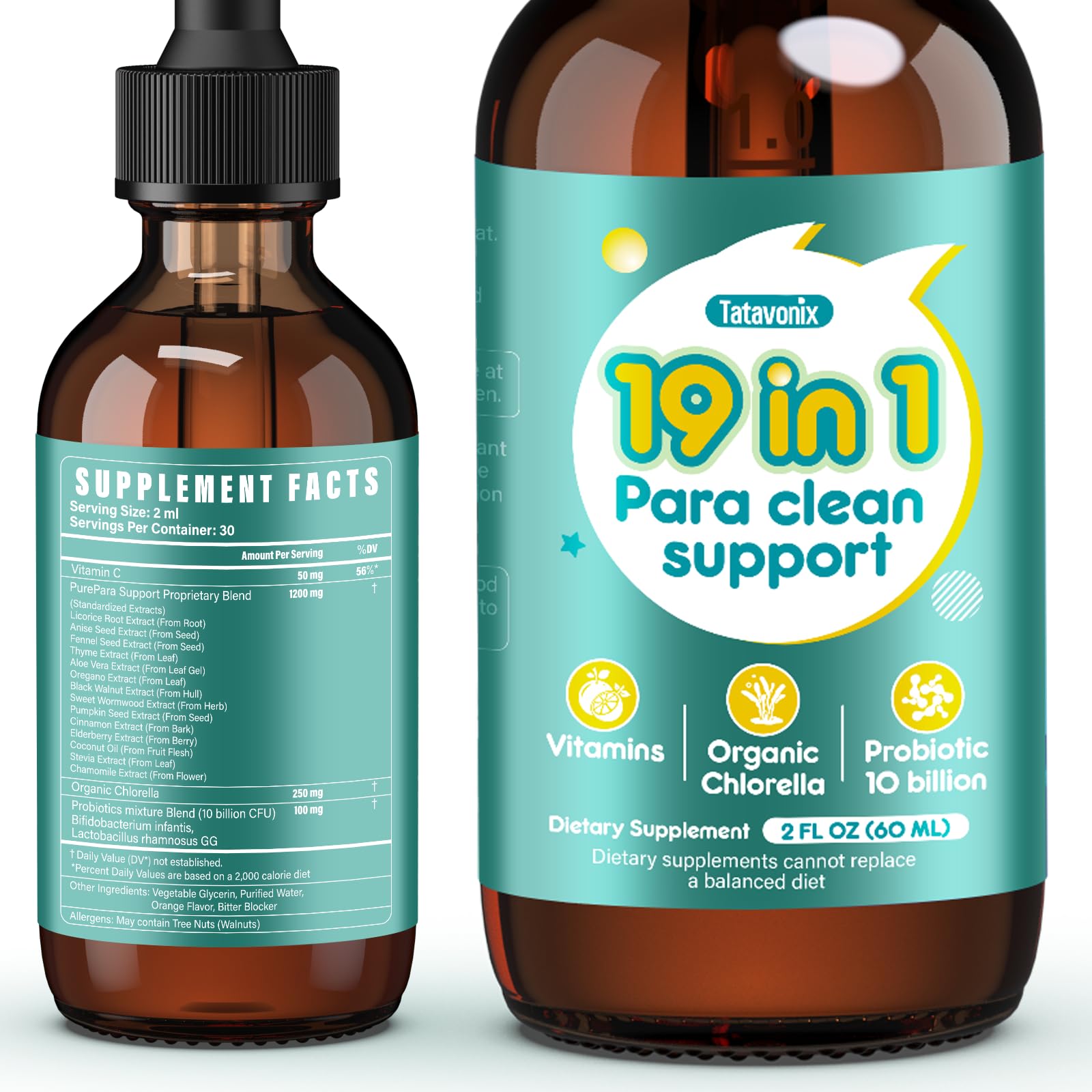 Tatavonix 19 in 1 Herbal Gut Cleanse Drops – Wormwood, Black Walnut, Chlorella 250mg, 10B Probiotics, Clove & Oregano – Liquid Detox Support for Adults & Kids, Alcohol-Free, 2oz