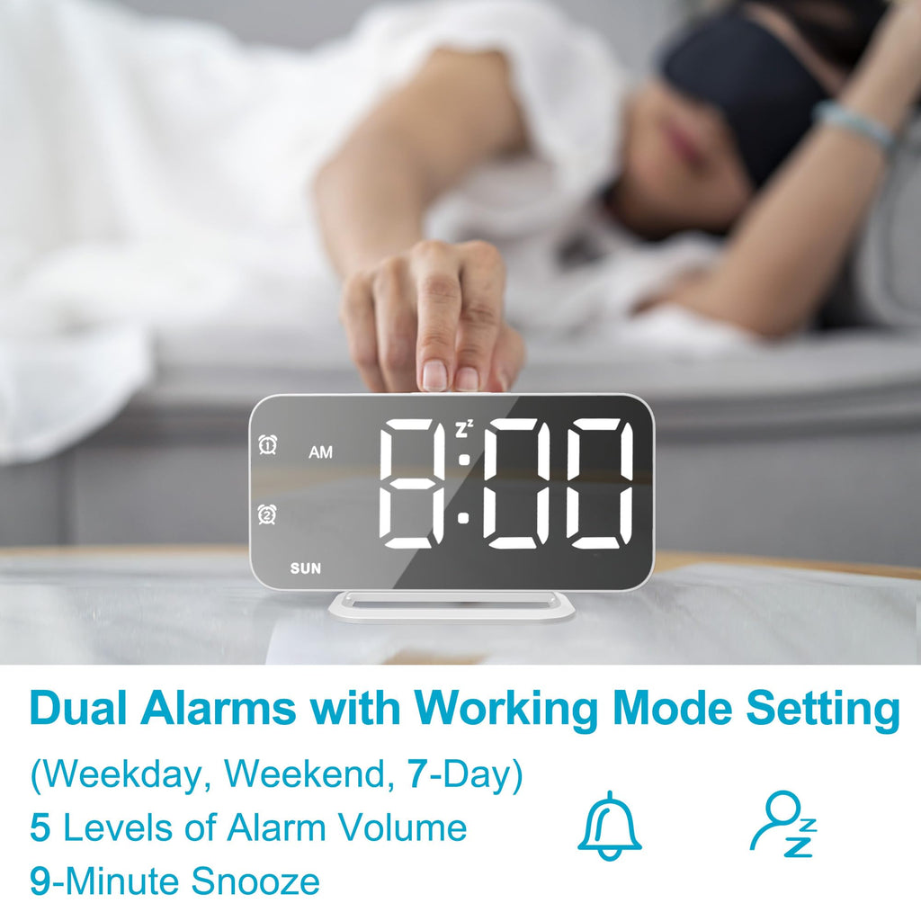 Slim LED Digital Alarm Clock, Mirror Surface for Makeup, with Diming, Large Display, Easy Setting, USB Charger Ports, Modern Bedroom, Desk, Office Living Room Decor, Christmas Birthday for Women Girl