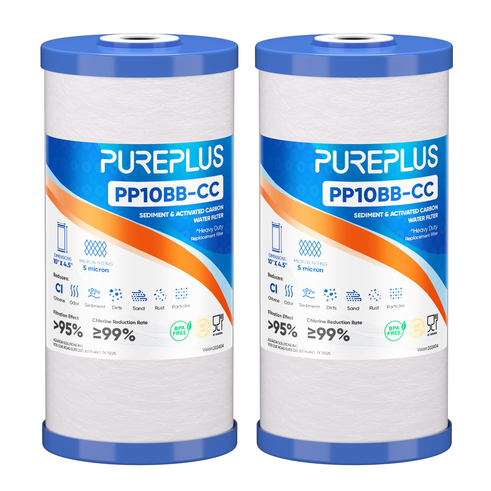 PUREPLUS 5 Micron 10" x 4.5" Whole House Sediment and Carbon Water Filter Replacement Cartridge for GE FXHTC, GXWH40L, GXWH35F, GNWH38S, Culligan RFC-BBSA, WRC25HD, PP10BB-CC, Pentek RFC-BB, 2Pack