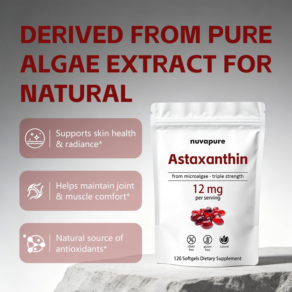 SHAPEGUARD NuvaPure Astaxanthin 12mg Softgels – Triple Strength Astaxanthin from Microalgae, Non-GMO, Gluten Free, Antioxidant Dietary Supplement, 120 Softgels