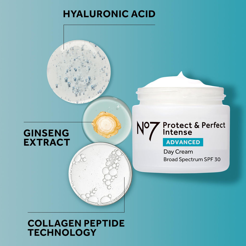 No7 Protect & Perfect Intense Advanced Face Cream - Hydrating Face Moisturizer with SPF - Formulated with Hyaluronic Acid & Collagen Peptide Technology to Help Reduce Fine Lines & Wrinkles (1.69 Oz)