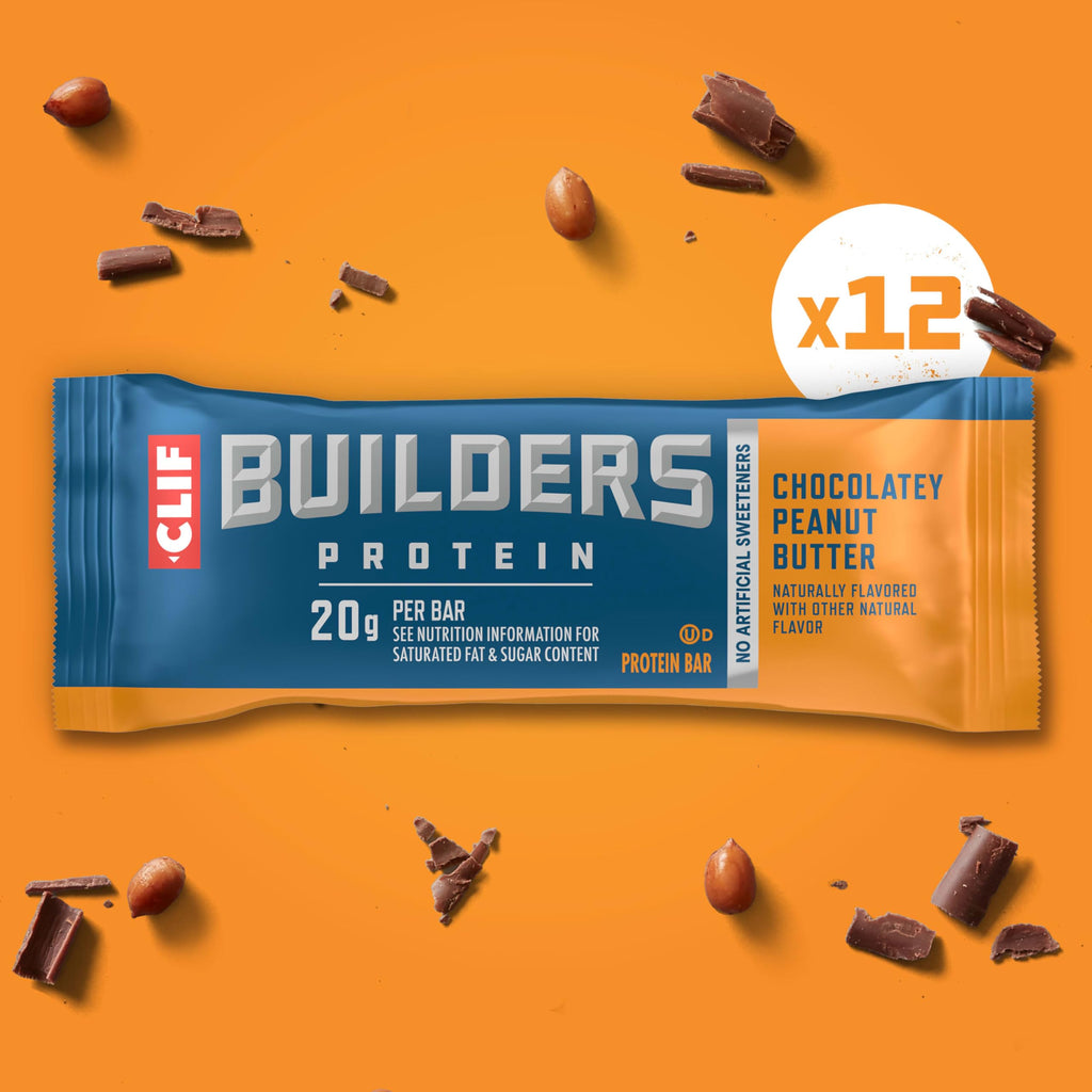 CLIF BUILDERS Protein Bars - Chocolatey Peanut Butter - 20g Plant Based Protein - Gluten Free - Non-GMO - Low Glycemic - No Artificial Sweeteners - 2.4 oz. (12 Pack)