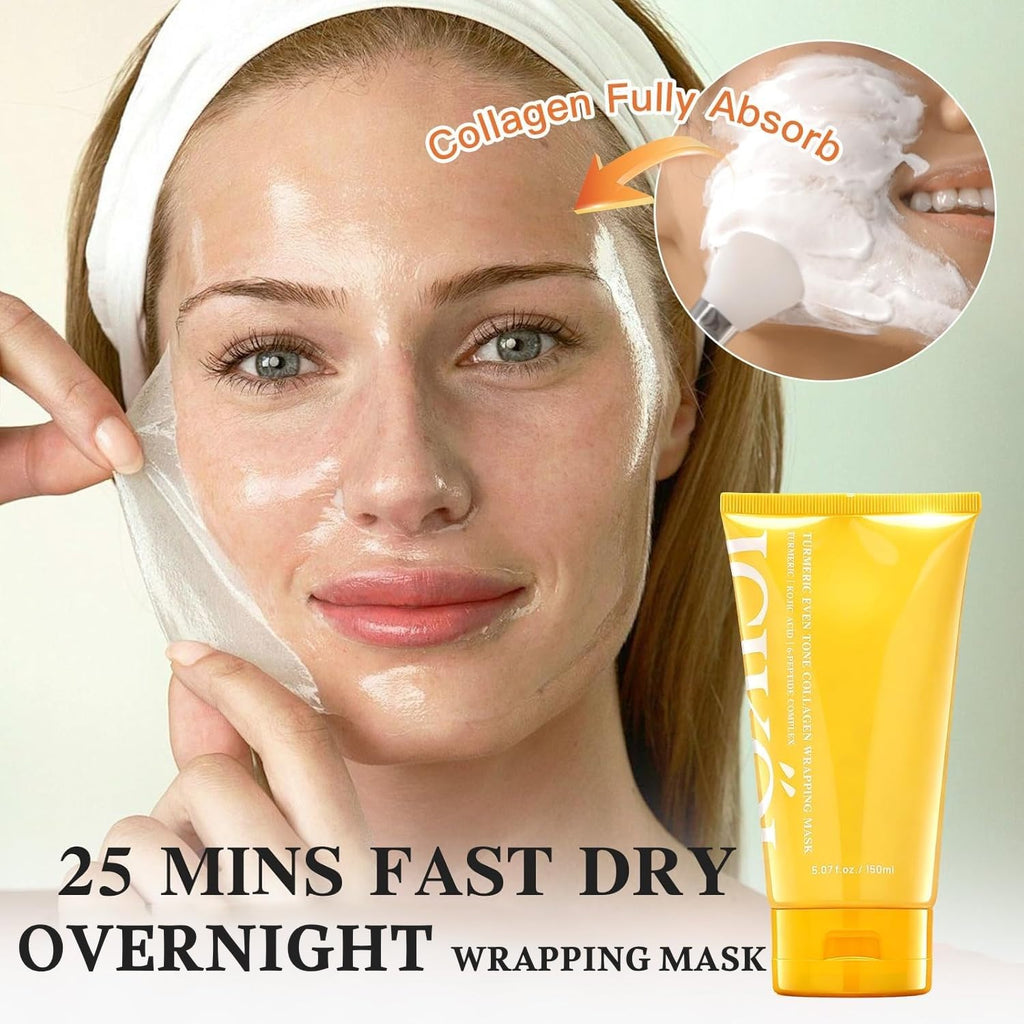 ICIKOL Turmeric Collagen Night Wrapping Mask, Kojic Acid Overnight Peel Off Face Masks with Vitamin C for Refresh Dullness Looking Skin, Hydrating Facial Masks Radiant Women Skin, 5.07 oz Large Size
