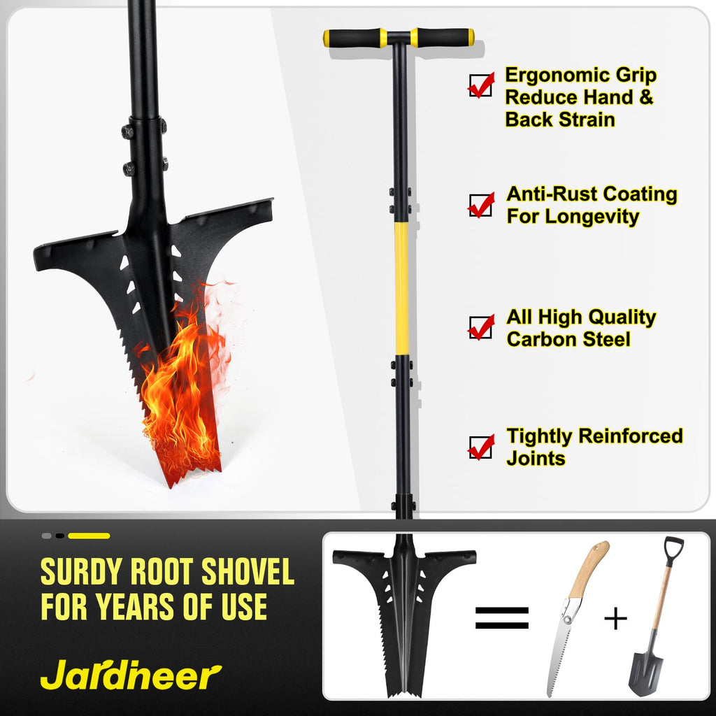 Jardineer Updated Root Shovel, Gardening Shovel Heavy Dutywith Serrated Edge and V-Cut Tip, 44.5" Digging Shovel for Gardening, Camping and Trenching, Ergonomic T-Handle Metal Shovel