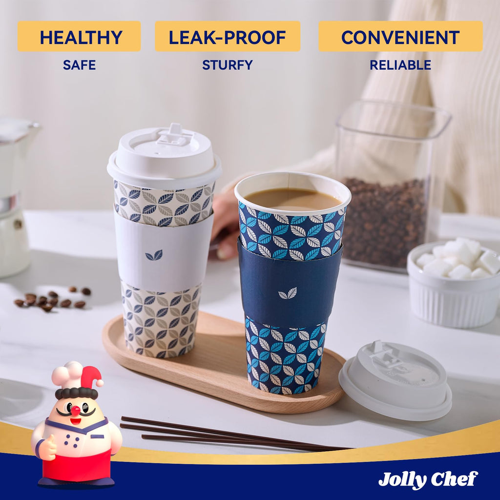 JOLLY CHEF 100 Pack 20 oz Disposable Coffee Cups, Hot Paper Coffee Cups with Lids, Sleeves and Stirrers for Home, Office, Cafe (Blue Leaf and Grey Leaf)