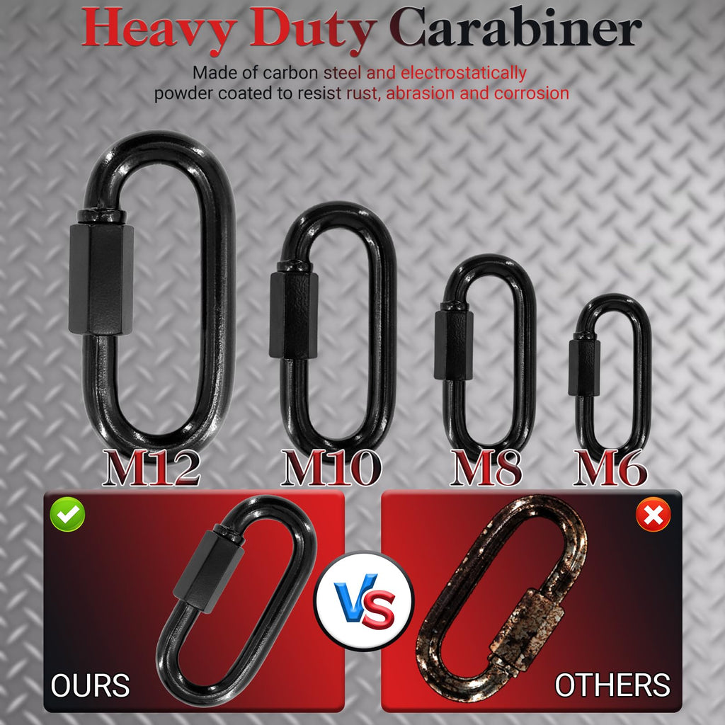 3.5" Black Chain Quick Link, 20 Pcs 3/8" Heavy Duty Locking Carabiner, 2000 LBS Capacity, Durable Chain Connector for Hanging Keys, Dog Leash, and Fence Gates