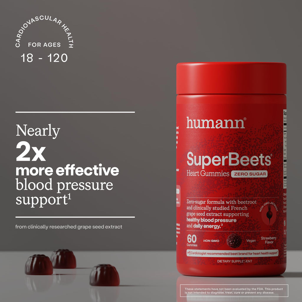 Humann SuperBeets Heart Gummies Zero Sugar - Beet Gummy with Energy Support, Grape Seed Extract & Beetroot Powder - 60 Count