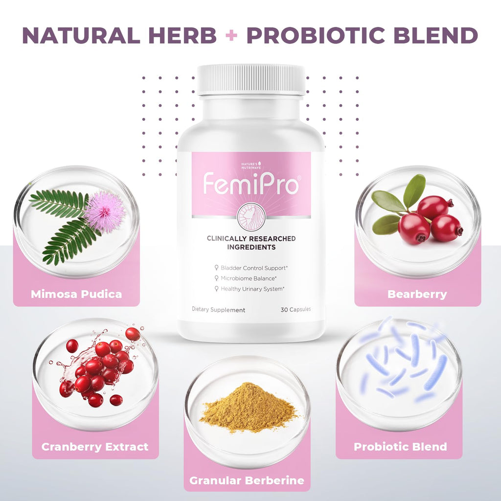 Femipro Bladder Control Supplements for Women & Men, Natural Herb & Probiotic Blend, Supports Urinary Tract Health & Microbiome Balance | Made in USA Non-GMO, 30 Capsules, 3 Month Supply