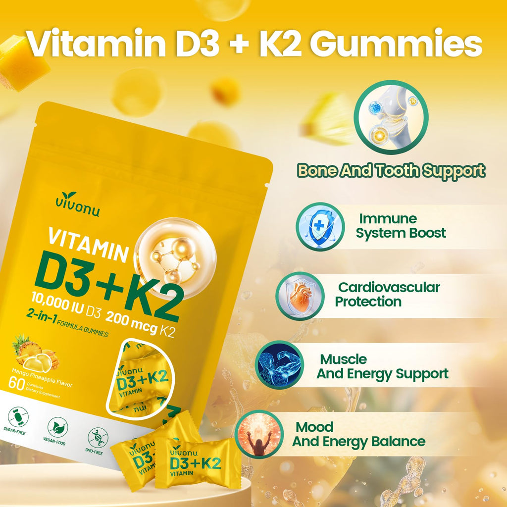 Vitamin D3 K2 Gummies, D3 10000 IU & MK7-200 mcg, 2 in 1 Vitamins D & K Complex | Vitamina D3 con K2 | Supports Calcium Absorption, Bone, Immune, & Heart Health, Easy to Carry and use (180 Gummies)