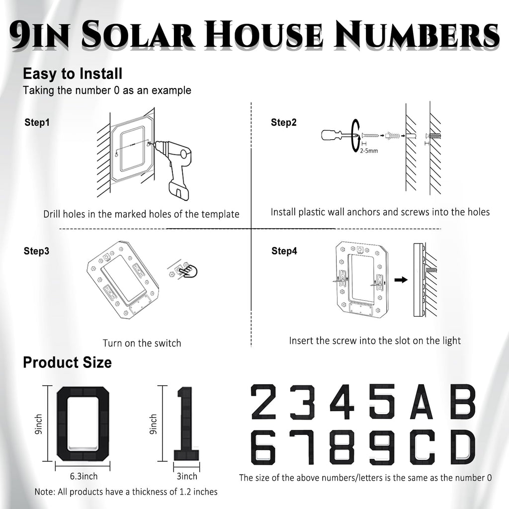 ISUNMEA 9 Inch Solar Lighted House Numbers for Outside, Light Up Waterproof LED Address Numbers Signs for Houses, Large Personalized Illuminated Exterior Modern House Numbers Light (A-Black, 9IN)