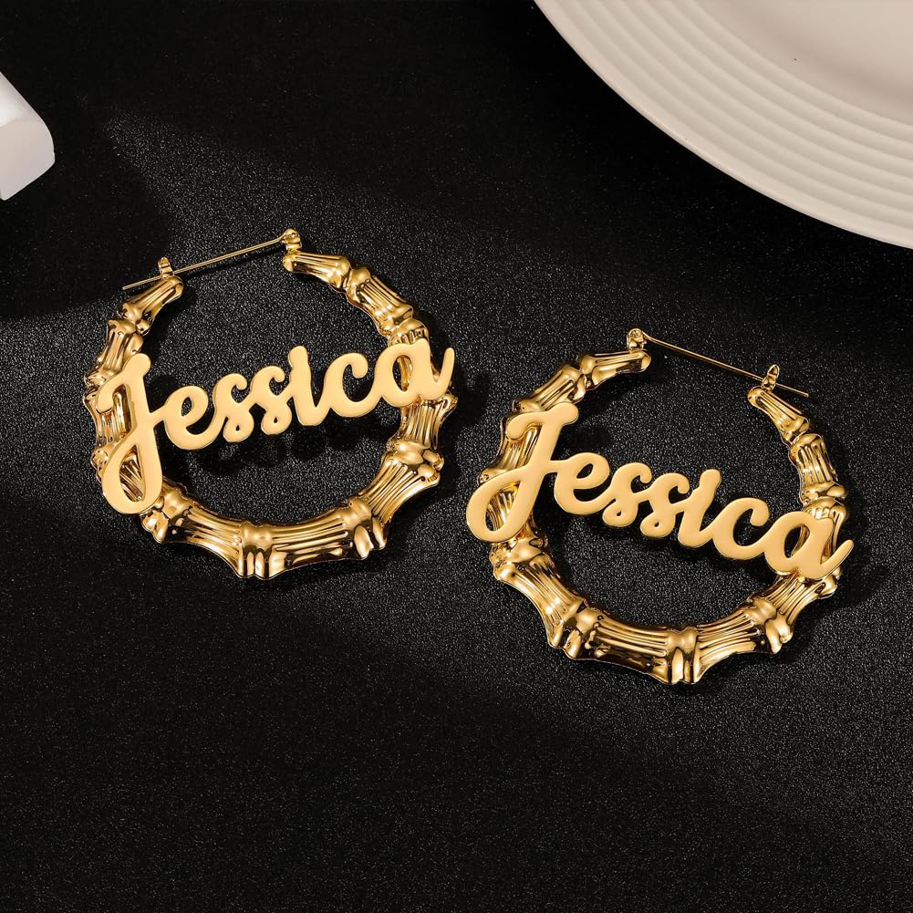 Pselysian Custom Name Hoop Earrings, Personalized Bamboo Earrings, 18K Gold Plated Big Hoop Earrings, Custmized Gifts for Mom Grandma Women (30MM)