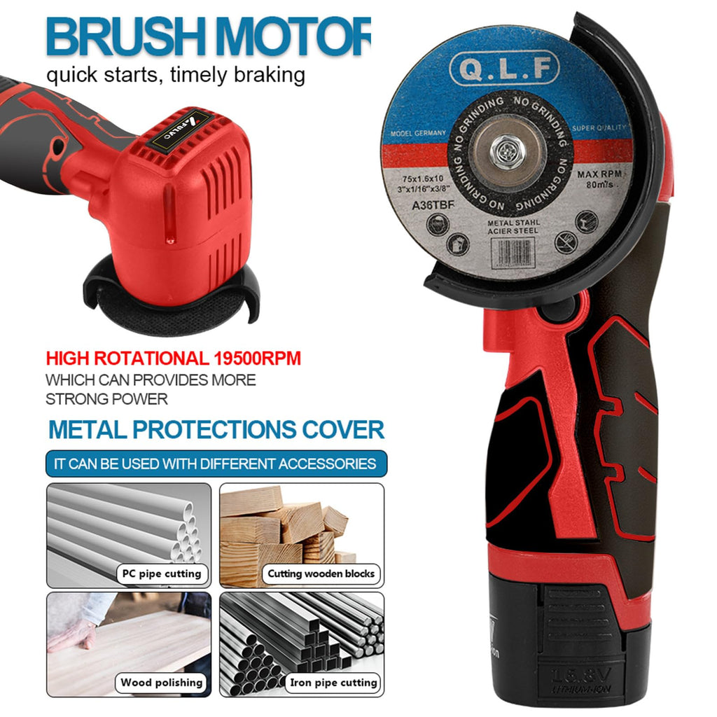 ZFULVO Cordless Brush Angle Grinder Kit, 19500rpm Mini Electric Angle Grinding Tool with 2pcs 16.8V 2000mAh Batteries and 6-Cutting Discs, Grinder Handheld Cutter for Metal Wood