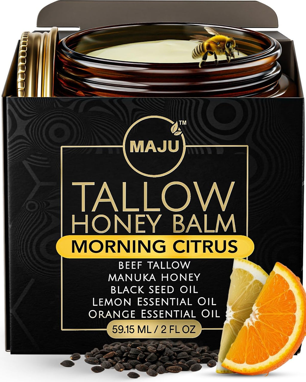 MAJU Tallow Honey Balm, Morning Citrus (2 oz), Grass Fed Beef Tallow for Skin with Organic Black Seed Oil, Manuka Honey and Organic Beeswax, Skin and Face Moisturizer for Deep Hydration