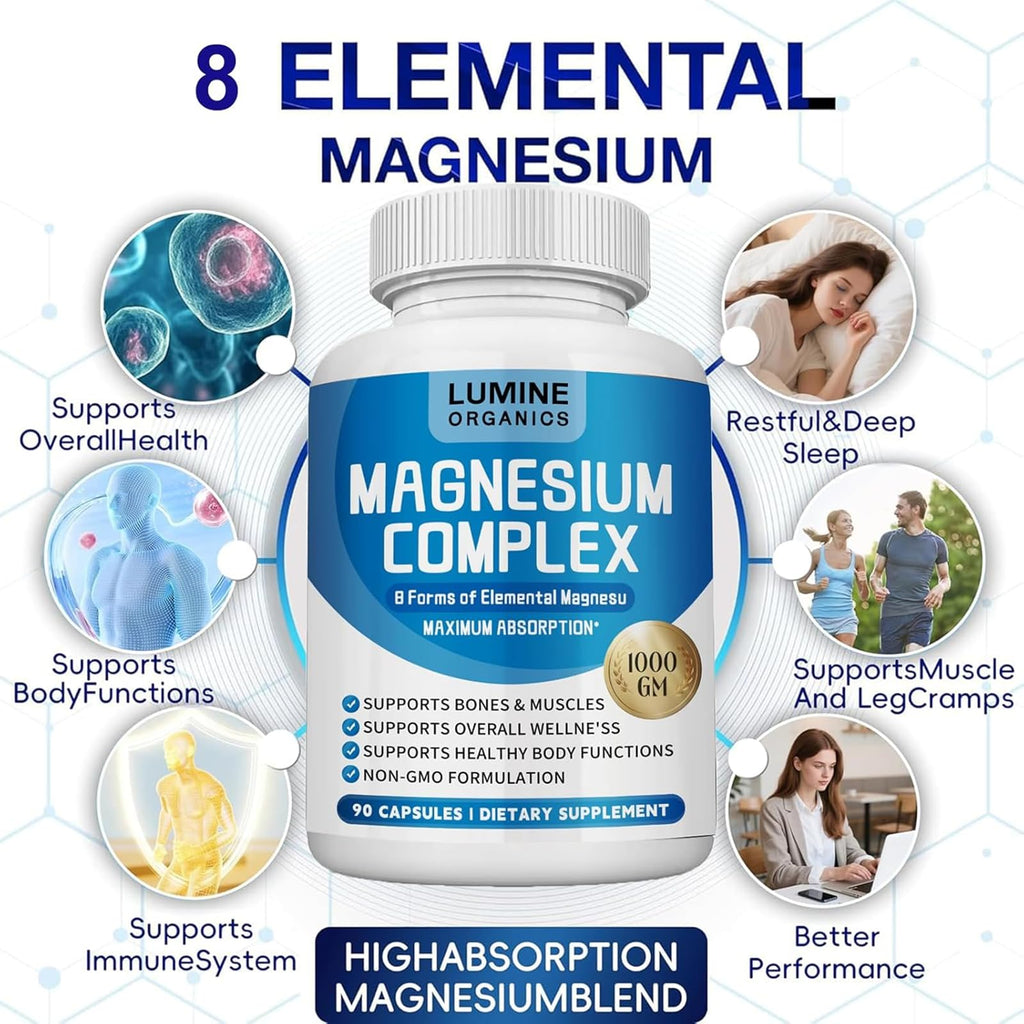 1PCSLumine Organics Magnesium Complex Supplement 1000mg - Advanced 8-in-1 Magnesium Blend - Glycinate, Citrate, Malate, Taurate etc.– High Absorption Formula – Non-GMO, 90 Capsules (1B)