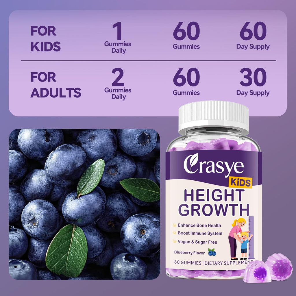 Crasye Height Growth Gummies for Kids & Teens - Calcium, Vitamin D3 + K2, Zinc, Magnesium, L-Arginine - Teen Multivitamin Gummies for Children Bone Strength and Immunity - 60 Gummies
