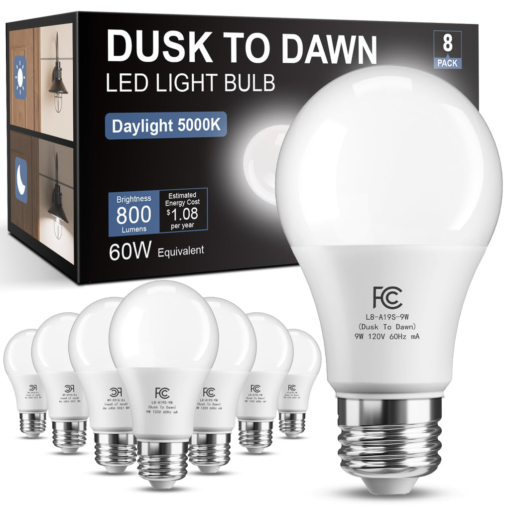 TJOY 8 Pack Dusk to Dawn Light Bulbs Outdoor, Light Sensor A19 LED Light Bulb, Automatic on/Off Photocell Bulb for Outdoor Porch Lighting, 60W Equivalent, Energy Efficient 9W, Daylight 5000K, E26 Base