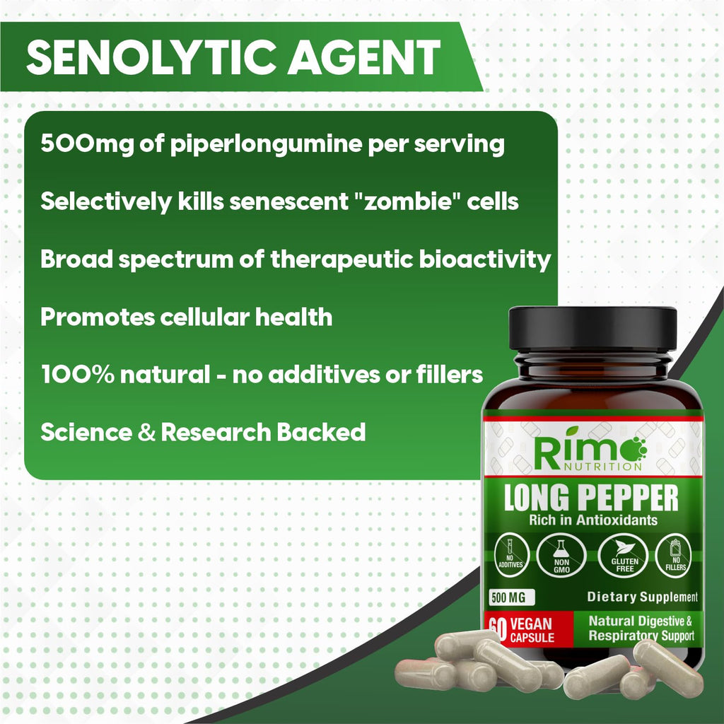 Rimo Nutrition Long Pepper 60 Vegan Capsules Natural Senolytic Supplement Agent – with Piper longumine (500mg)