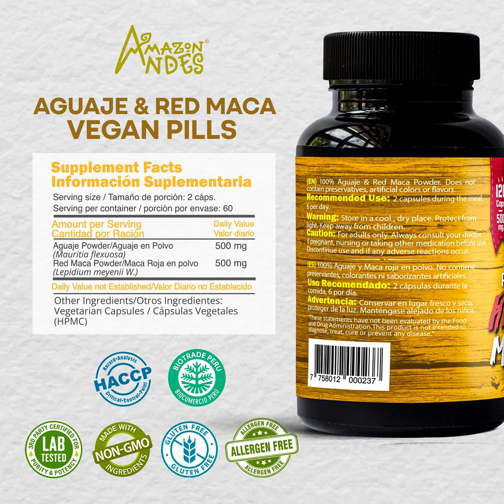 Amazon Andes Aguaje with Red Maca Capsules 1000mg - Buriti Fruit Plus Maca Roja Superfood Blend - 120 Vegetarian Caps - Peruvian Beta Carotene - Non-GMO Vegan Gluten Free Plant Based