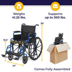 Drive Medical Blue Streak Lightweight Wheelchair - Portable Folding Mobility Aid - Swing-Away Footrests - Desk Arms - Durable Steel Frame - Easy Transport & Storage - 16-Inch Seat