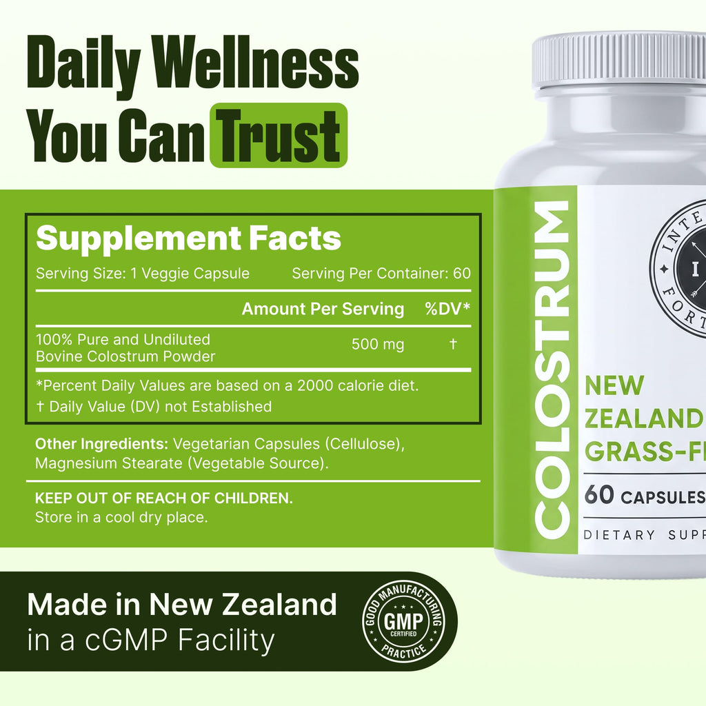 Intestinal Fortitude 100% Grass Fed New Zealand Cows Colostrum Capsules, Grassfed, Hormone Free, GMO Free, Optimal Gut Health and Immune System Support, Leaky Gut, IBD, 500 mg Capsules, 60 CT