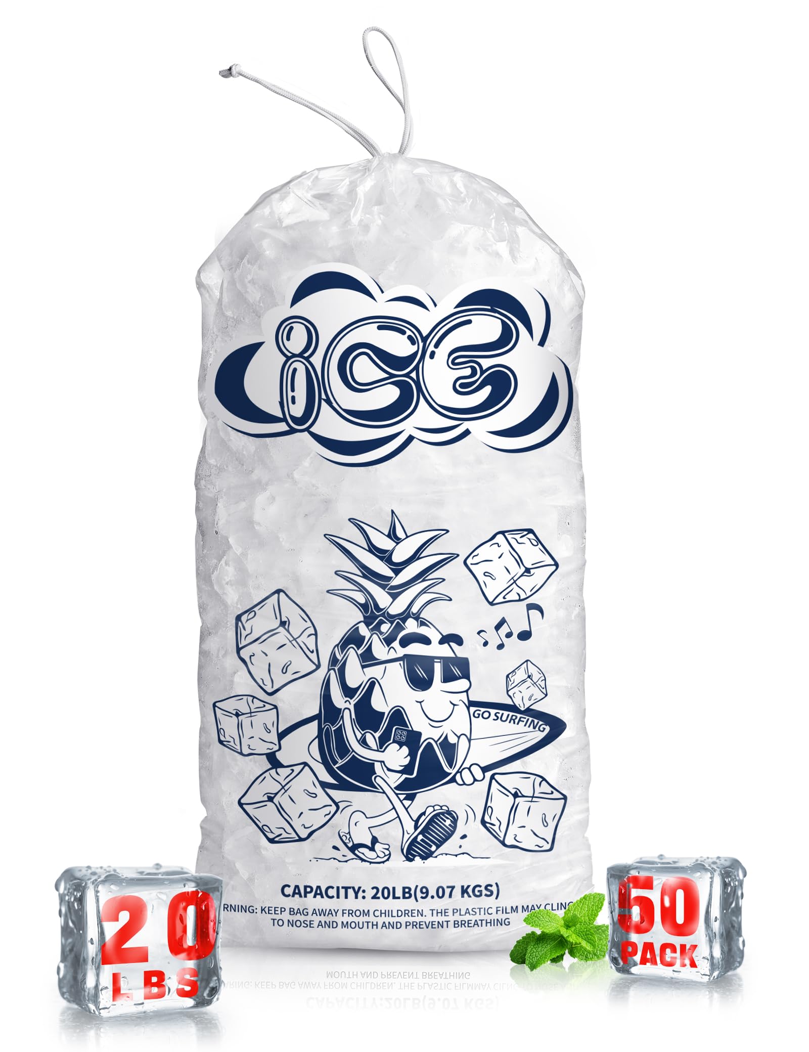 50 Pack Ice Bags 20 lb with Drawstring, Heavy-Duty Ice Bags for Ice Machine(2 Mils Thickness)