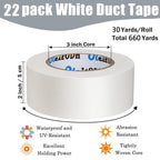 22 Pack White Duct Tape Bulk - 660 Yards x 2 Inch Heavy Duty Tape, Strong No Residue All-Weather, Tear by Hand, Multi-Use for Indoor & Outdoor Repairs, Industrial, Professional Use
