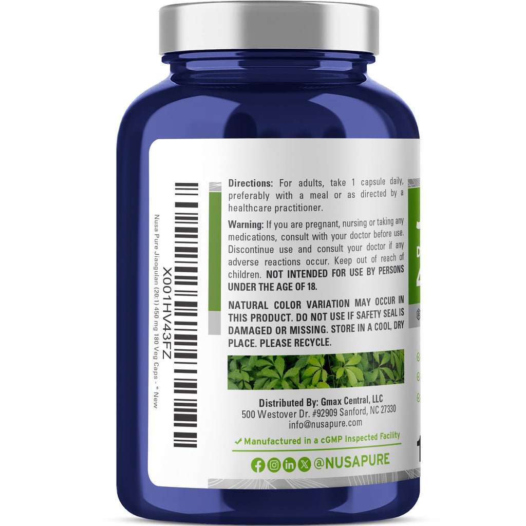 NusaPure Jiaogulan Capsules, 450 mg, 180 Veg Capsules (Non-GMO, Vegan)