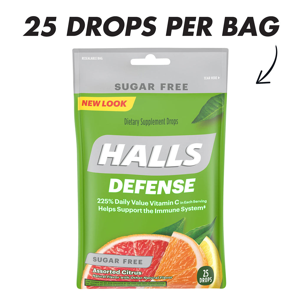 HALLS Defense Assorted Citrus Sugar Free Vitamin C Drops, Dietary Supplement Drops, 12 Bags of 25 Drops (300 Total Drops)