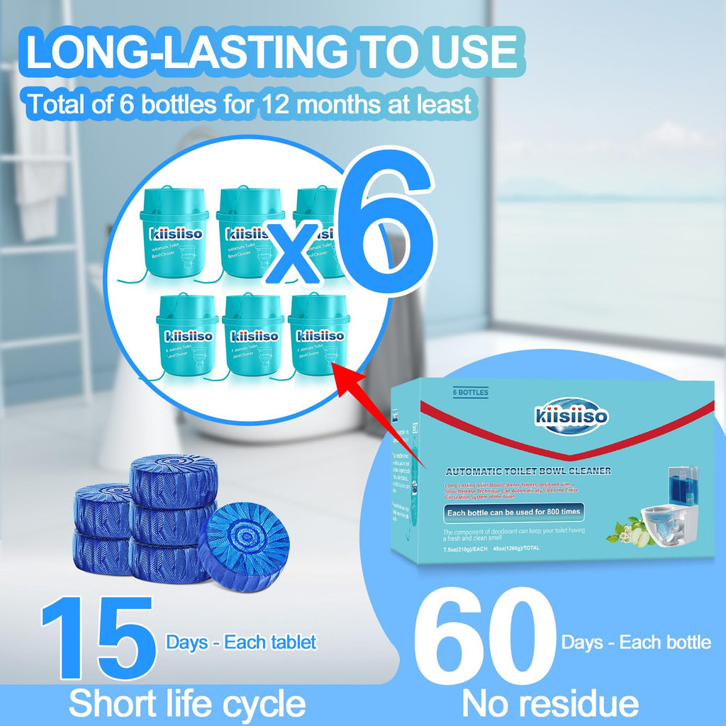 KIISIISO Toilet Bowl Cleaners-6 Pack, Automatic Toilet Tank Cleaner Tablets in Bottles, Long-Lasting Powerful Cleaning, Prevents Bathroom Stain & Odors Build Up, Septic Safe, Blue Water