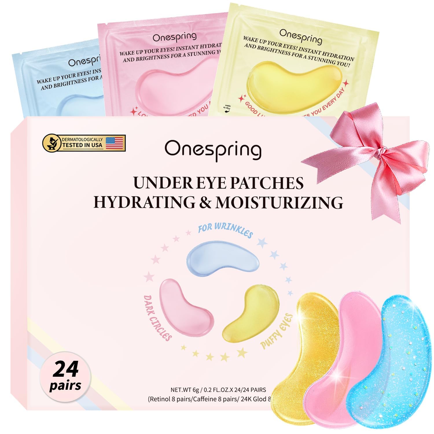 Onespring Eye Masks (24 Pairs) - Gifts for Her - Caffeine, 24K Gold and Retinol Under Eye Patches for Puffy Eyes, Dark Circles & Fine Lines, Bachelorette Party Favors, Birthday, Easter Basket Stuffers