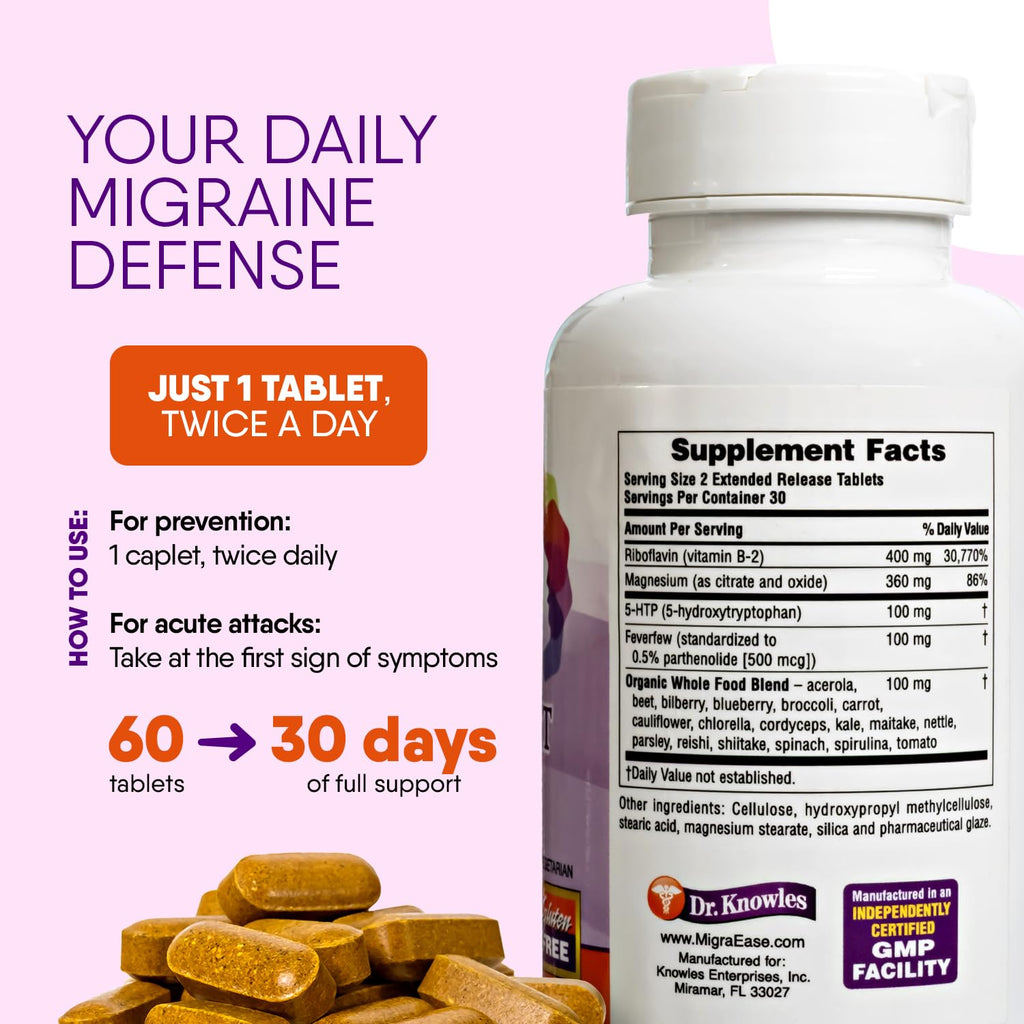 Doctor Knowles Migraine Supplement |Complete Natural Migraine Prevention & Relief Pills with Magnesium, 5-HTP, Feverfew, Riboflavin & Organic Blend |Caffeine Free, Extended-Release Tablets (60 Units)