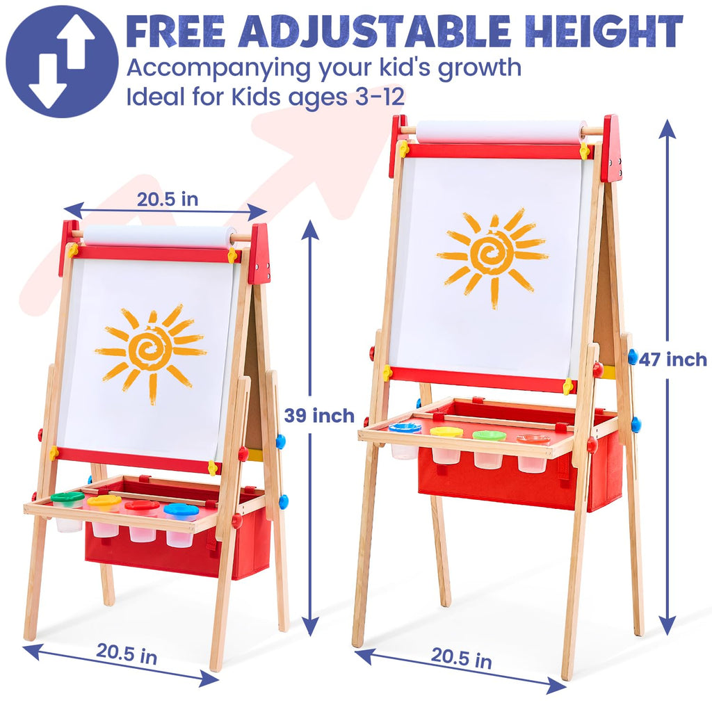 Art Easel for Toddlers Kids, Adjustable Standing Art Easel with Magnetic Chalkboard & Whiteboard, Dry-Erase Board, Paper Roll, Drawing & Painting Easel for Kids Ages 3 4-8 9-12, Red w/Bag