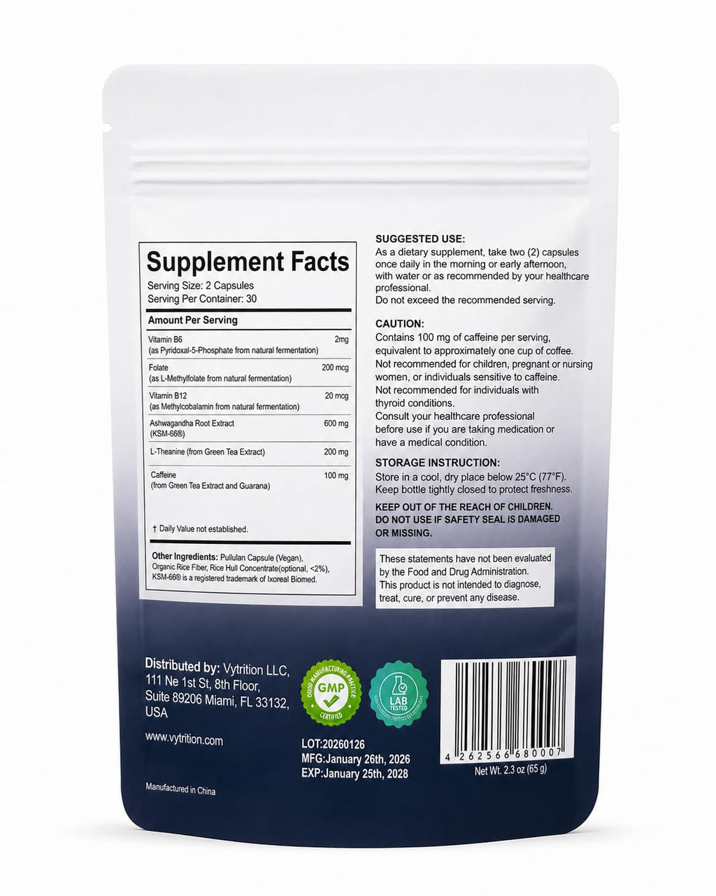 Vytrition Focus, Brain & Energy Supplement, 60 Count — Green Tea L-Theanine 200mg + Natural Caffeine 100mg — Calm Focus, Mental Clarity, No-Crash Energy — Vegan, Methylated B-Vitamins, Lab-Tested