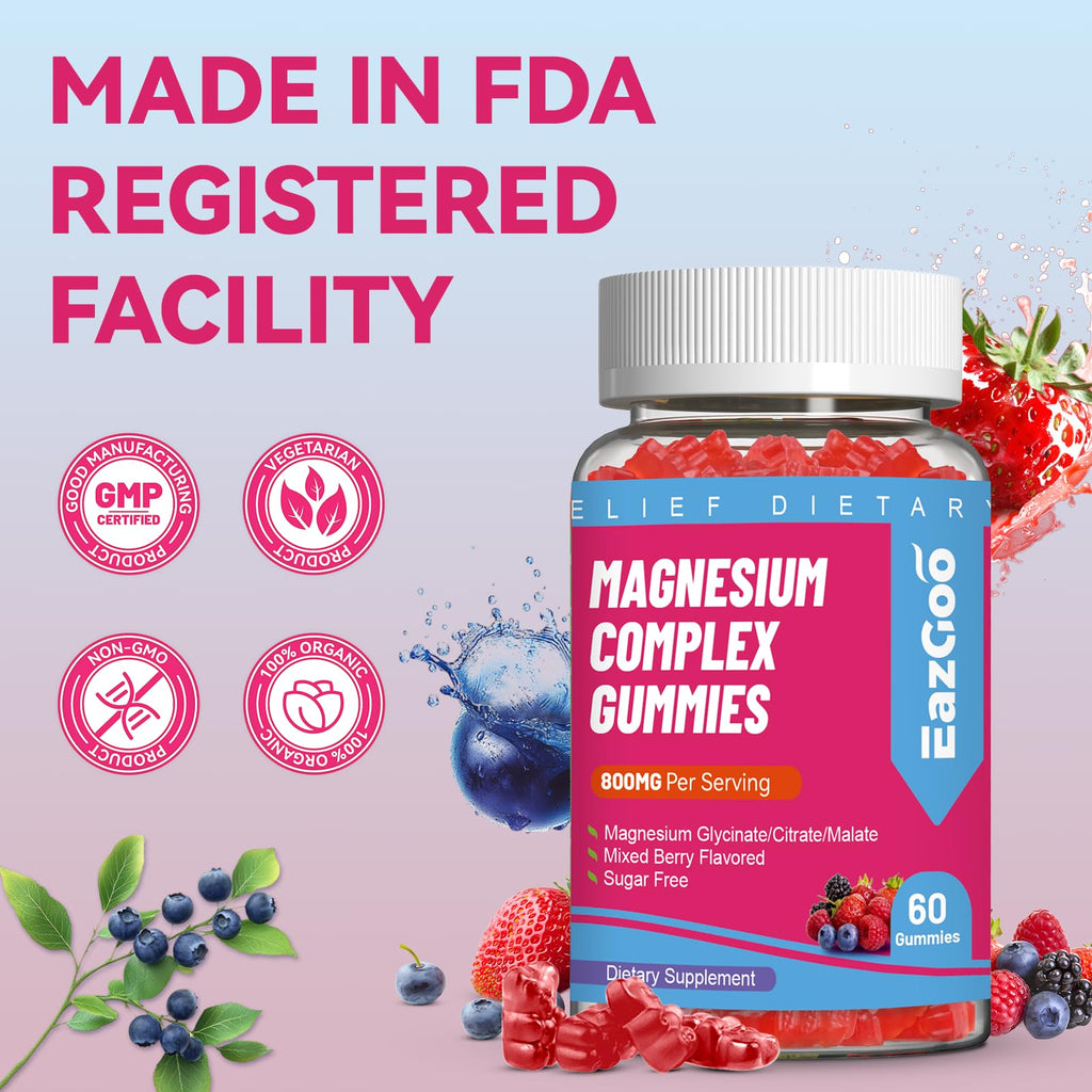 EAZGOO Magnesium Gummies 800mg - Vitamin D3, C, B6, B12 & Zinc Complex with Magnesium Glycinate, Citrate & Malate, Magnesium Complex Gummies for Muscle, Mood & Energy, Vegan 120 Counts