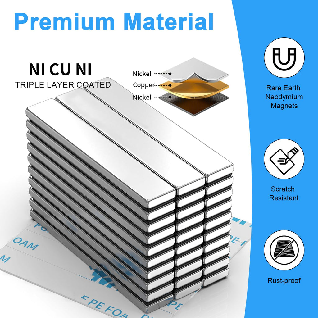Rare Earth Magnets, Caturledas 30 Pack Heavy Duty Strong Neodymium Magnets with Double Sided Adhesive, Rectangular Bar Magnetic Strip for Window Curtain Indoor Outdoor Light Lamp, 60x10x3 mm, Silver