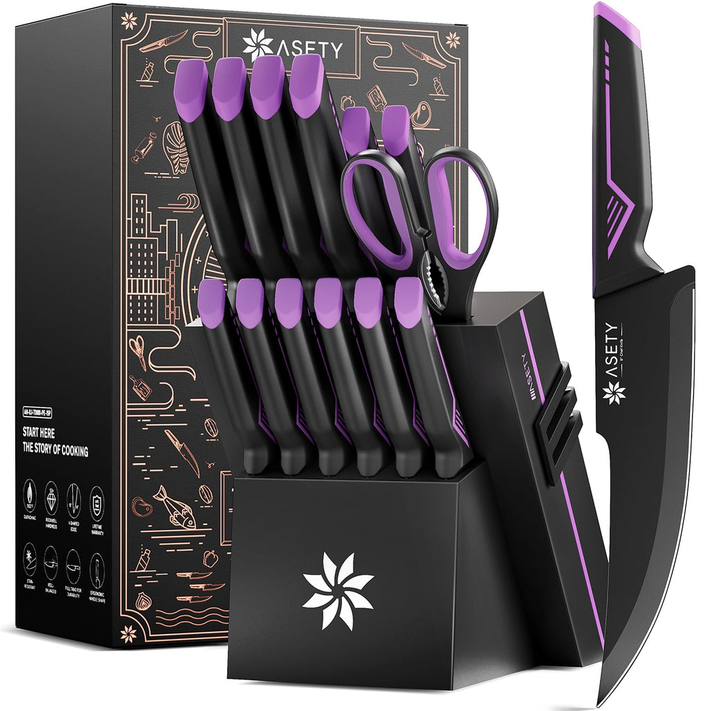 Knife Set - 15 PCS Kitchen Knife Set with Built-in Knife Sharpener Block - Stainless Steel Knife Block Set - Dishwasher Safe, Christmas Elegant Box for Men Women