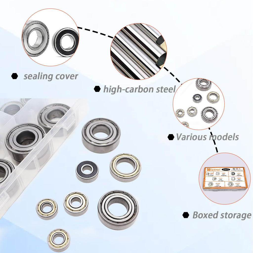 Dianrui 608RS/ 608ZZ/ 698ZZ/ 628ZZ/ 6903ZZ/ 6003ZZ/ 6203ZZ - 44 PCS Ball Bearings Assortment Kit, Carbon Steel Deep Groove Bearing for Furniture Wheel, Roller Skates, 3D Printing and ect—7 Size