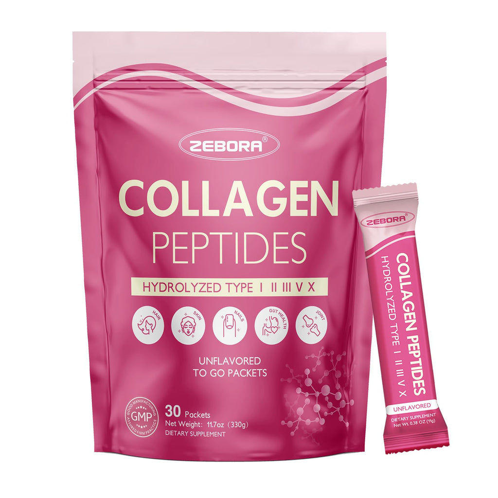 ZEBORA Multi Collagen Peptides Powder Packets with Hyaluronic Acid, Biotin, MCT - Hydrolyzed Collagen with 5 Billion Probiotics - Support Skin Hair Nail & Gut Health - 30 Stick Packs