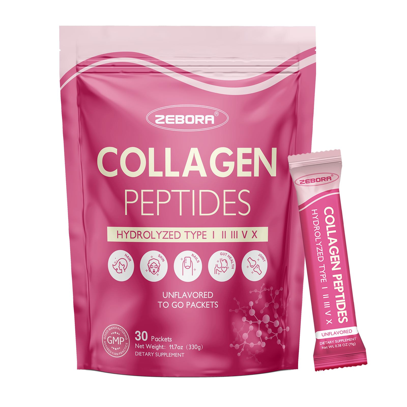 ZEBORA Multi Collagen Peptides Powder Packets with Hyaluronic Acid, Biotin, MCT - Hydrolyzed Collagen with 5 Billion Probiotics - Support Skin Hair Nail & Gut Health - 30 Stick Packs