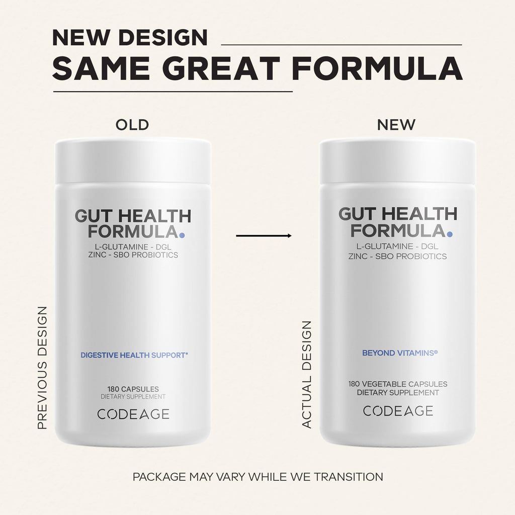Codeage Gut Health Supplements Vegan Formula - L Glutamine, Zinc, Turkey Tail Mushroom Powder, Tonic Mushroom, Maitake, Micro Algae, Mineral, Licorice Root DGL - Probiotics, Prebiotics - 180 Capsules