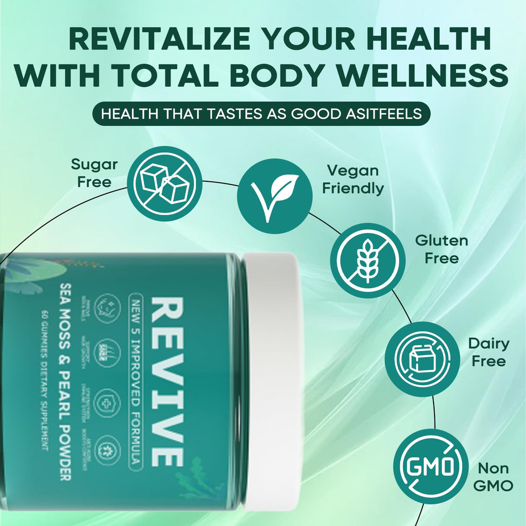 KLUNIZ Revive Hair Gummies, Balmbare Revive Gummies for Hair, Promotes Thicker, Fuller, Stronger Hair, with Organic Irish Sea Moss, Pearl Powder Glow, Vitamin C/E, Aloe Vera, 60 Count