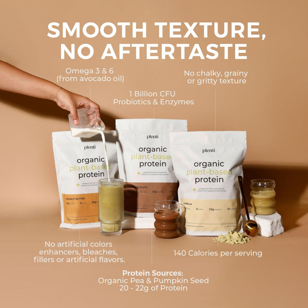 plenti Organic Plant-Based Protein Powder: Vanilla - 20g Pea Protein + Probiotics, Digestive Enzymes & Omega 3-6, Gut Friendly, Sugar Free, 27 Servings (2 lbs)