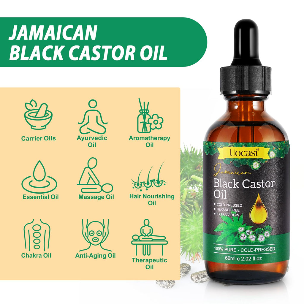 Uocasi Jamaican Black Castor Oil - 2Pack, 100% Pure and Organic, Cold Pressed in Glass Bottles for Hair Growth, Eyebrow Nourishment, and Skin Hydration, 4.04 Oz