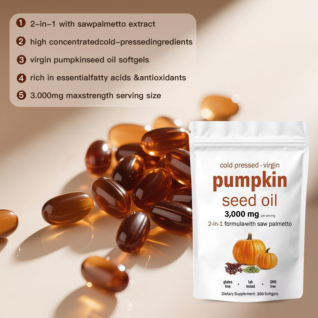 AOLBSPD Pumpkin Seed Oil Capsules with Saw Palmetto – 3000mg per Serving, 300 Softgels | Cold Pressed, Pure Virgin Oil | Supports Hair, Urinary, Bladder & Prostate Health | Non-GMO