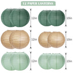 YUNXUAN Paper Lanterns Decorative, Sage Green Forest Tan Hanging Round Chinese Lanterns with Lights for Rustic Party Sage Green Birthday Party 12 LED Light Pack of 12