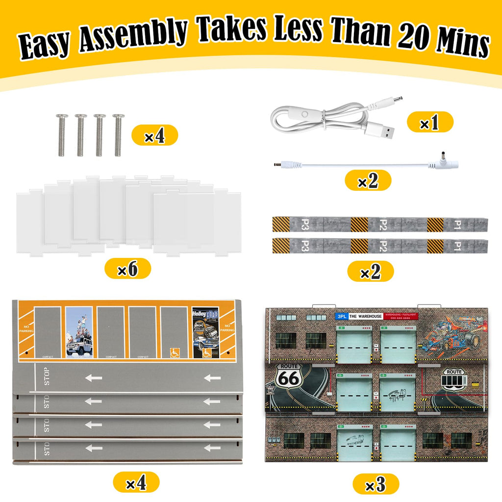 Storage Display Garage Compatible with Hot Wheels - Toy Car Garage with Lights, Freestanding Display Case, Parking Garage Diorama for 1/64 Scale Diecast Cars with 4 Levels 24 Spots Maximum 40 Cars