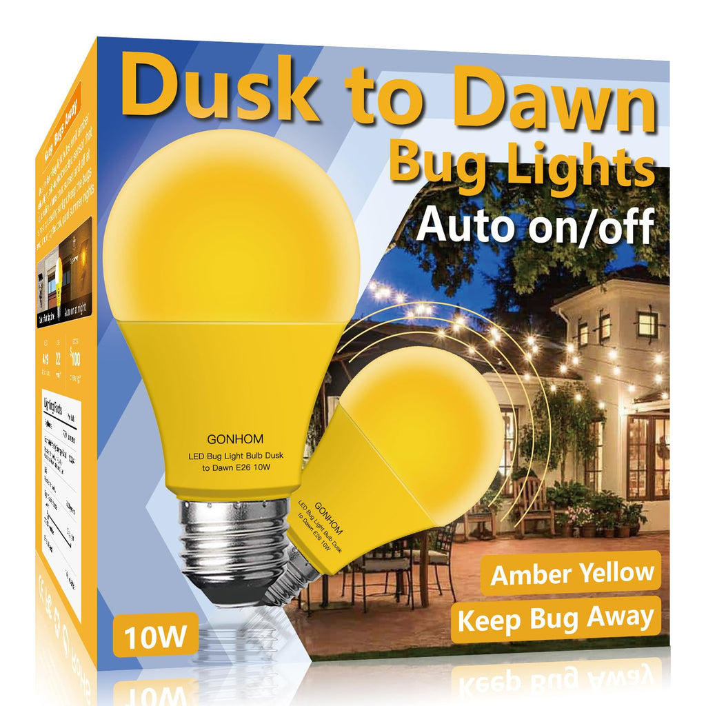 Gonhom Dusk to Dawn Bug Light Bulb Outdoor,2 Pack Amber Bug Light Bulb,Auto On/Off,10W(100W Equivalent),E26 Base,Bug Lights for Outside.Home Hallway Porch Lights.Decorative Lamps.Bedroom