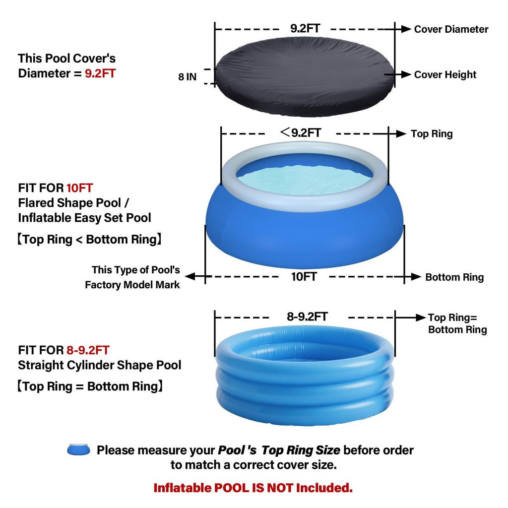 SAFANA 10ft Inflatable Pool Cover for Above Ground Pool [ Cover Diameter: 9.2ft ] Round Pool Cover for Inflatable Easy Set Pool [ Top Ring < 9.2ft ] with Elastic Band Swimming Pool Windproof Dustproof