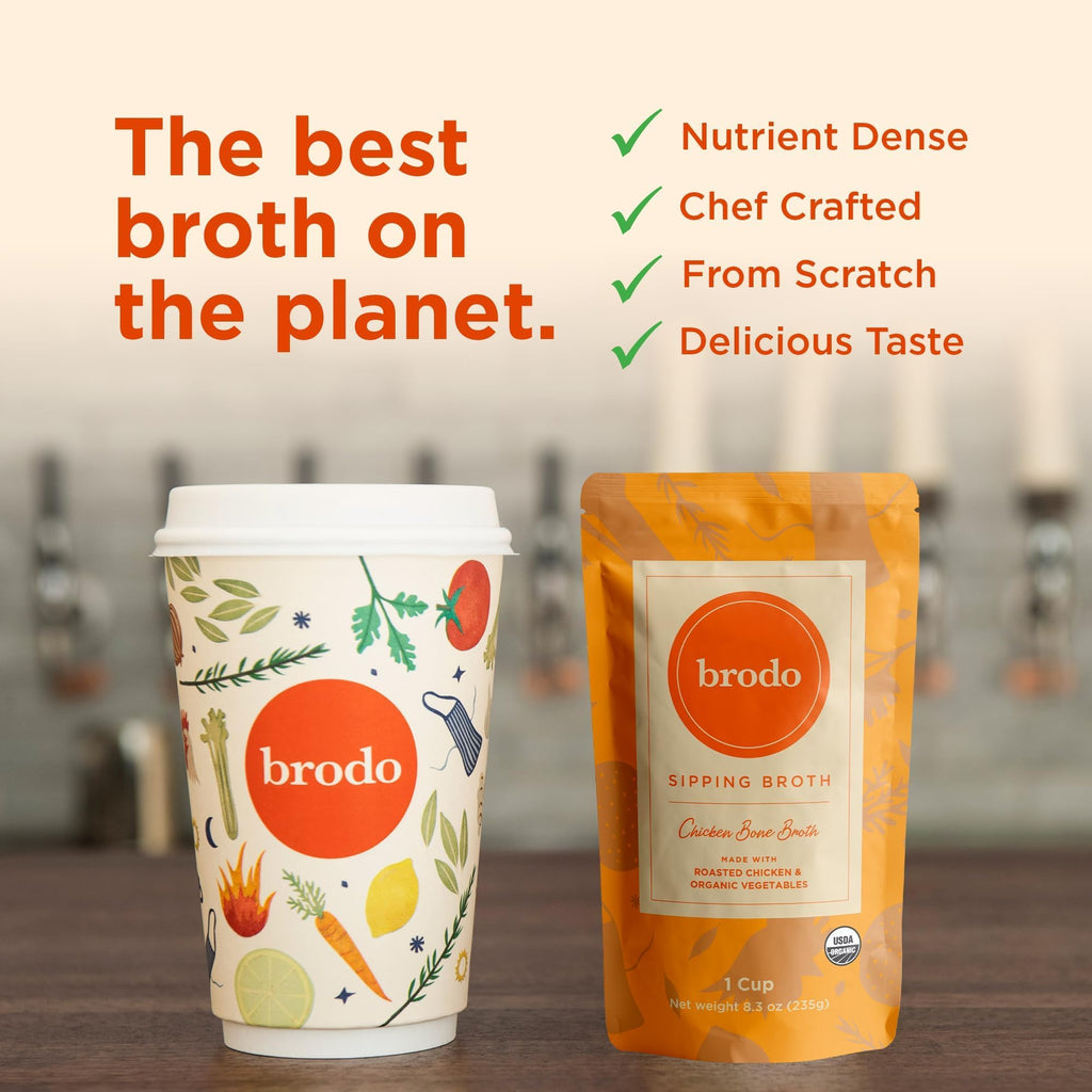 Brodo Organic Chicken Bone Broth, Protein-Rich Bone Broth with Collagen, Nourishing Chicken Broth Low Sodium for Sipping and Cooking, Slow-Simmered for Deep Flavor, (4x 25 oz. Pouches)