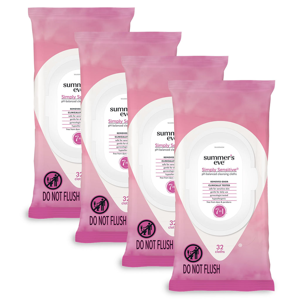 Summer's Eve Simply Sensitive Feminine Wipes, Gentle pH-Balanced Micellar Water Based Formula Helps Control Vaginal Odor, Resealable Pack, 32 Wipes, Pack of 4